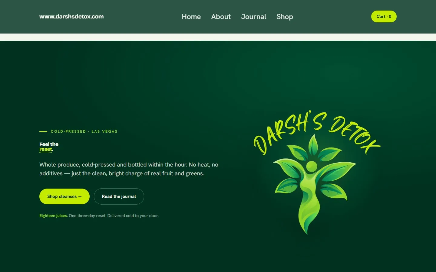 The Darsh's Detox home page: a deep green hero reading "Feel the reset" with a Shop cleanses button, beside the leafy green Darsh's Detox logo.