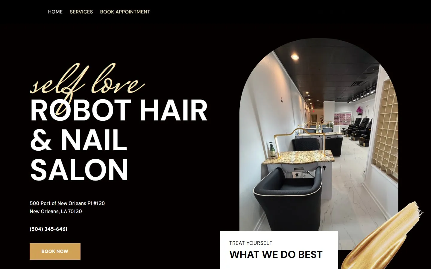 The Robot Hair & Nail Salon home page: "Self love" in gold script above the salon name, its Riverwalk address, phone number and a Book Now button, beside a photo of the salon.