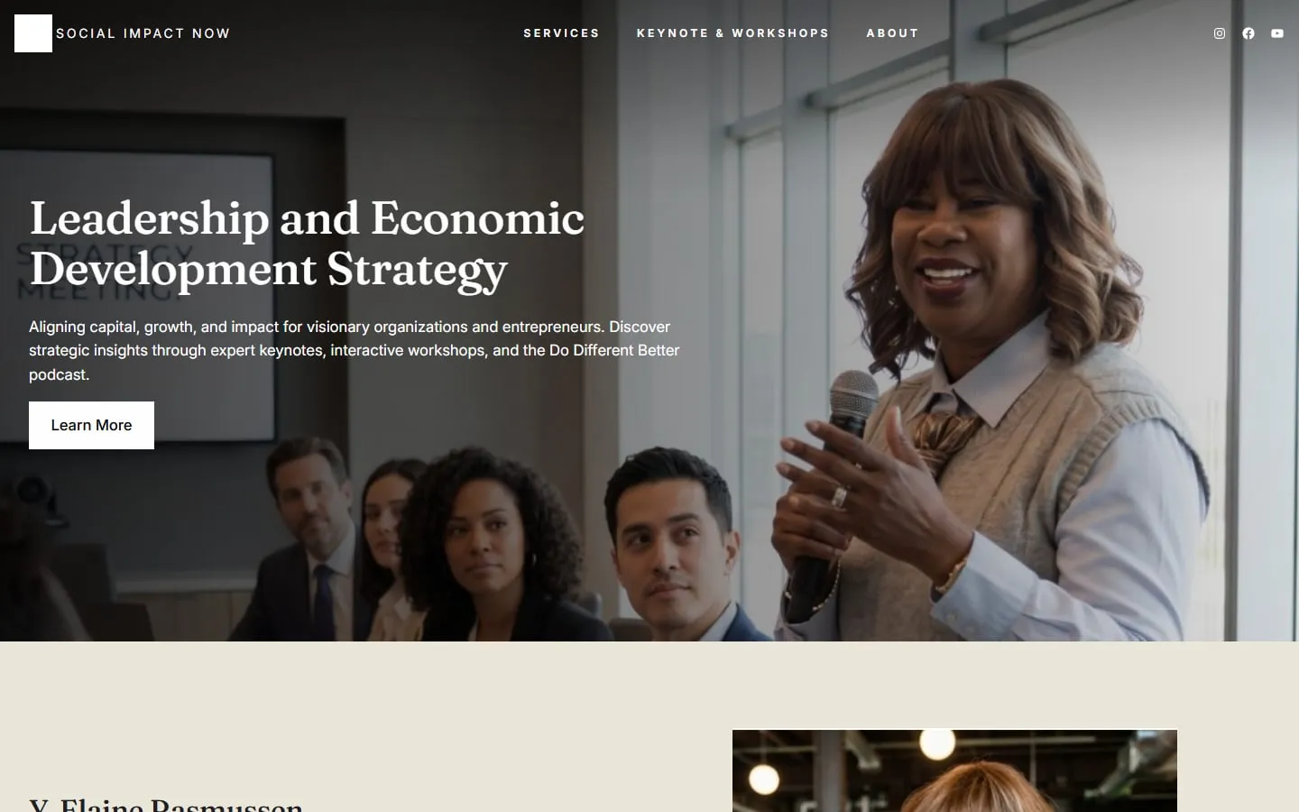 The Social Impact Now home page: "Leadership and Economic Development Strategy" beside a photo of Elaine Rasmussen speaking to an audience.