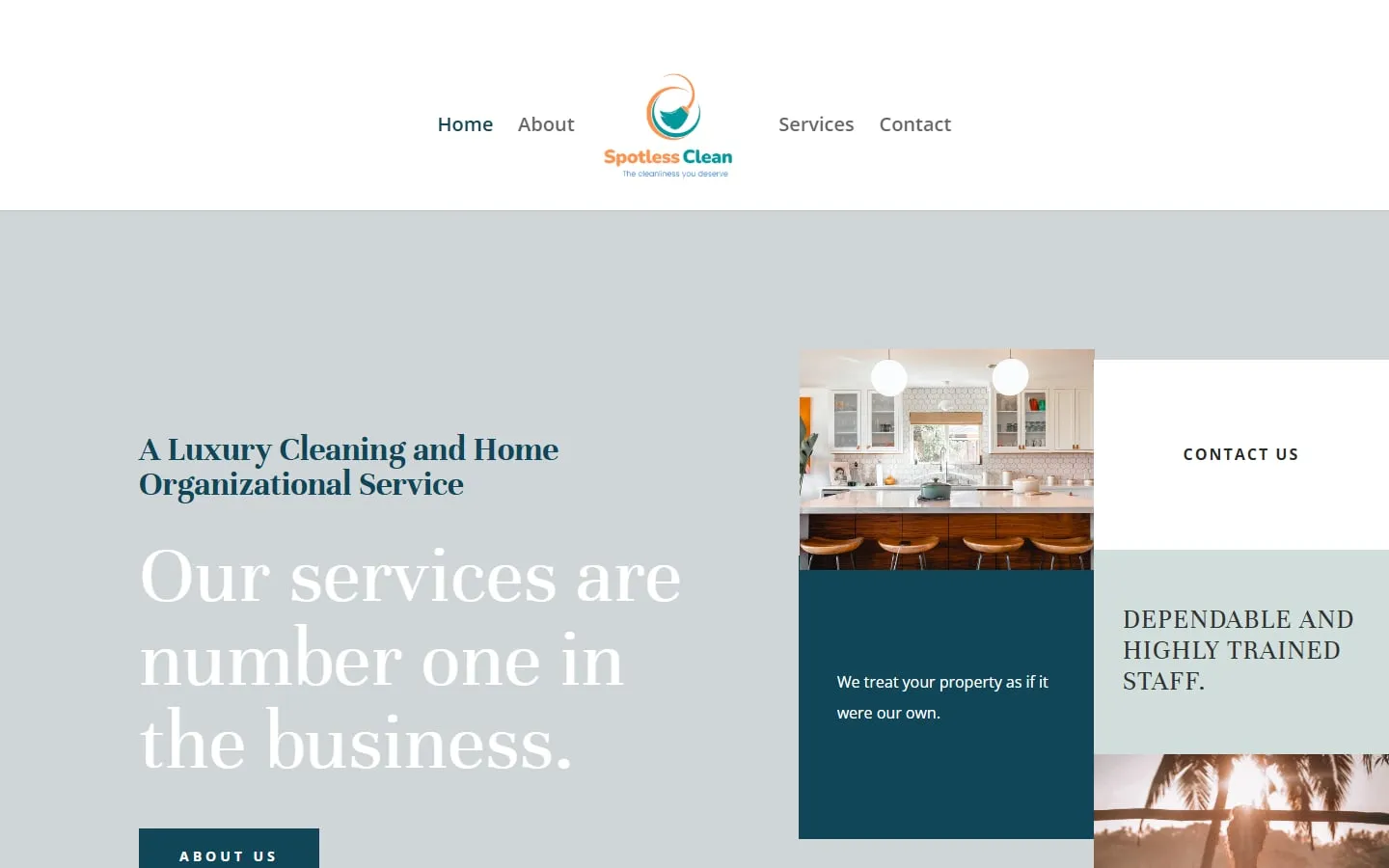 The Spotless Clean home page: "A Luxury Cleaning and Home Organizational Service" and "Our services are number one in the business" beside photos of a clean kitchen.